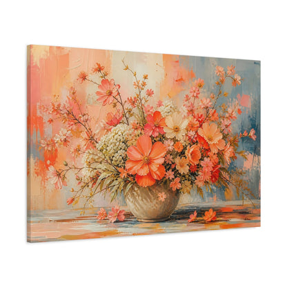 Main Mockup. Modern Acrylic Painting Mixed Coral Cosmos Around Orchard Row shown as stretched canvas wall art