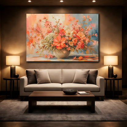Mockup 2. Modern Acrylic Painting Mixed Coral Cosmos Around Orchard Row shown as stretched canvas wall art