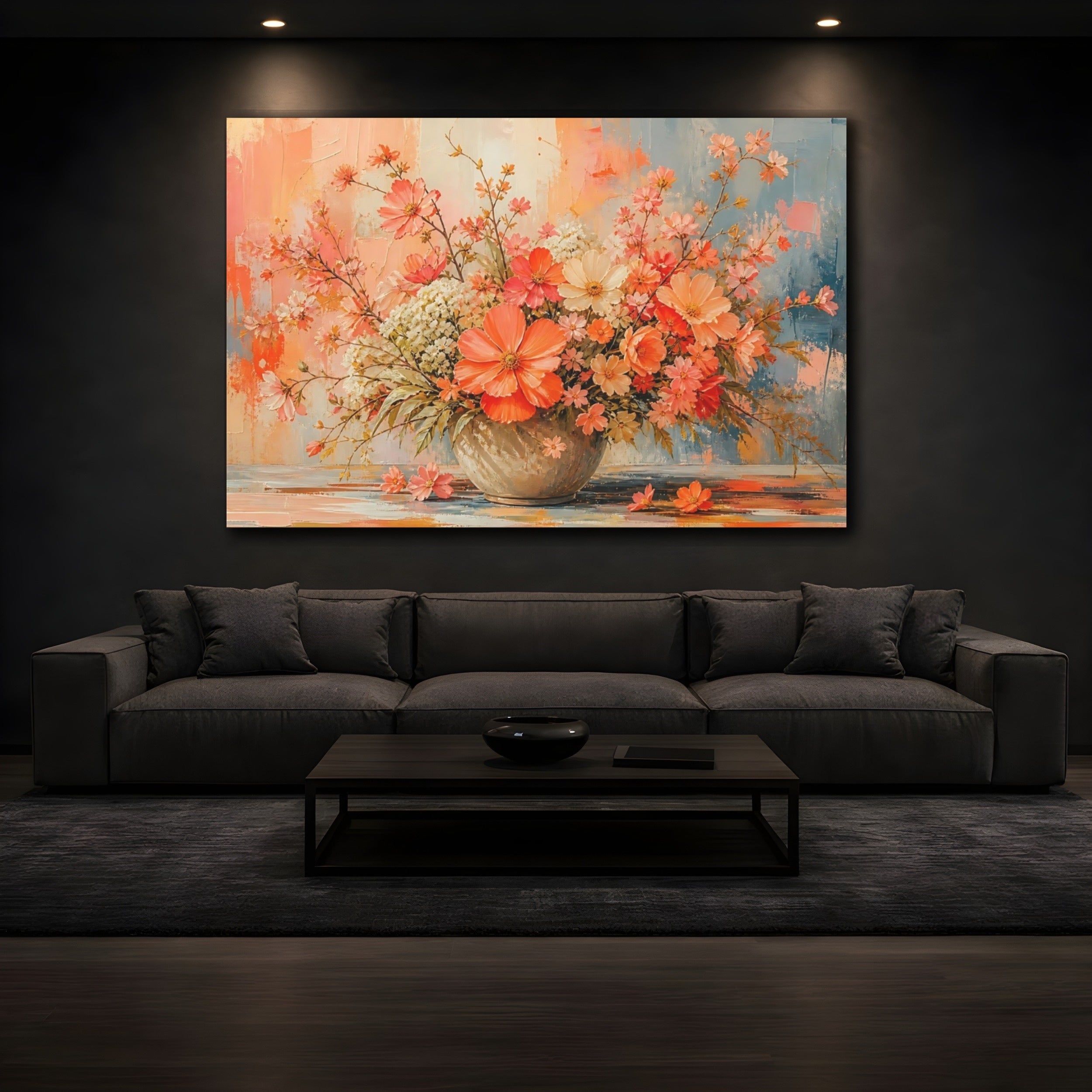 Mockup 3. Modern Acrylic Painting Mixed Coral Cosmos Around Orchard Row shown as stretched canvas wall art