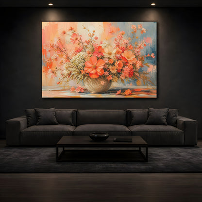 Mockup 3. Modern Acrylic Painting Mixed Coral Cosmos Around Orchard Row shown as stretched canvas wall art
