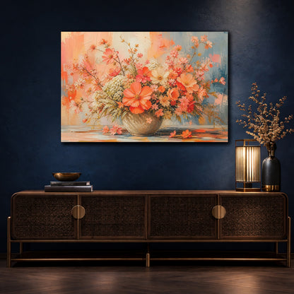 Mockup 4. Modern Acrylic Painting Mixed Coral Cosmos Around Orchard Row shown as stretched canvas wall art
