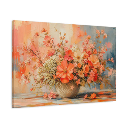 Side Mockup 2. Modern Acrylic Painting Mixed Coral Cosmos Around Orchard Row shown as stretched canvas wall art