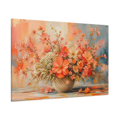 Side Mockup 1. Modern Acrylic Painting Mixed Coral Cosmos Around Orchard Row shown as stretched canvas wall art