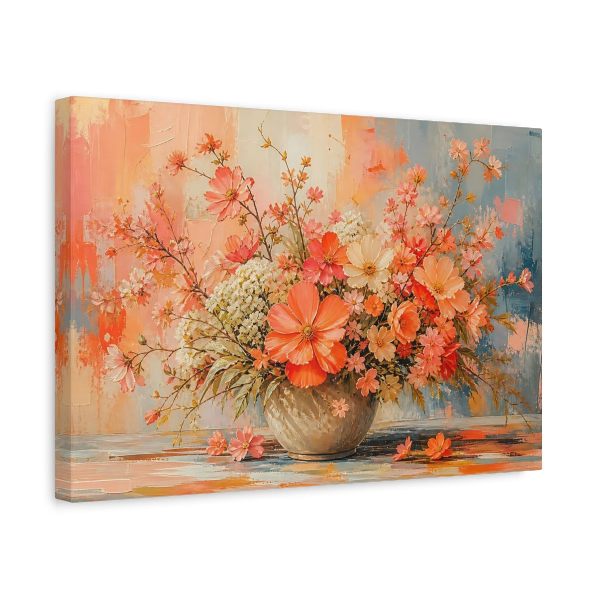 Side Mockup 4. Modern Acrylic Painting Mixed Coral Cosmos Around Orchard Row shown as stretched canvas wall art