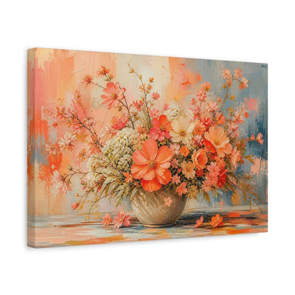 Side Mockup 4. Modern Acrylic Painting Mixed Coral Cosmos Around Orchard Row shown as stretched canvas wall art