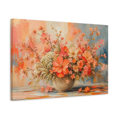 Side Mockup 3. Modern Acrylic Painting Mixed Coral Cosmos Around Orchard Row shown as stretched canvas wall art