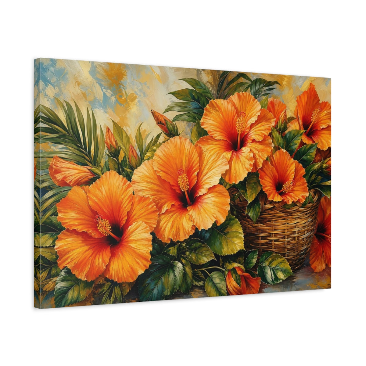 Side Mockup 2. Modern Acrylic Painting Orange Hibiscus With Woven Basket Near Green Leaves shown as stretched canvas wall art