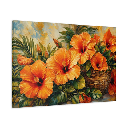 Side Mockup 2. Modern Acrylic Painting Orange Hibiscus With Woven Basket Near Green Leaves shown as stretched canvas wall art