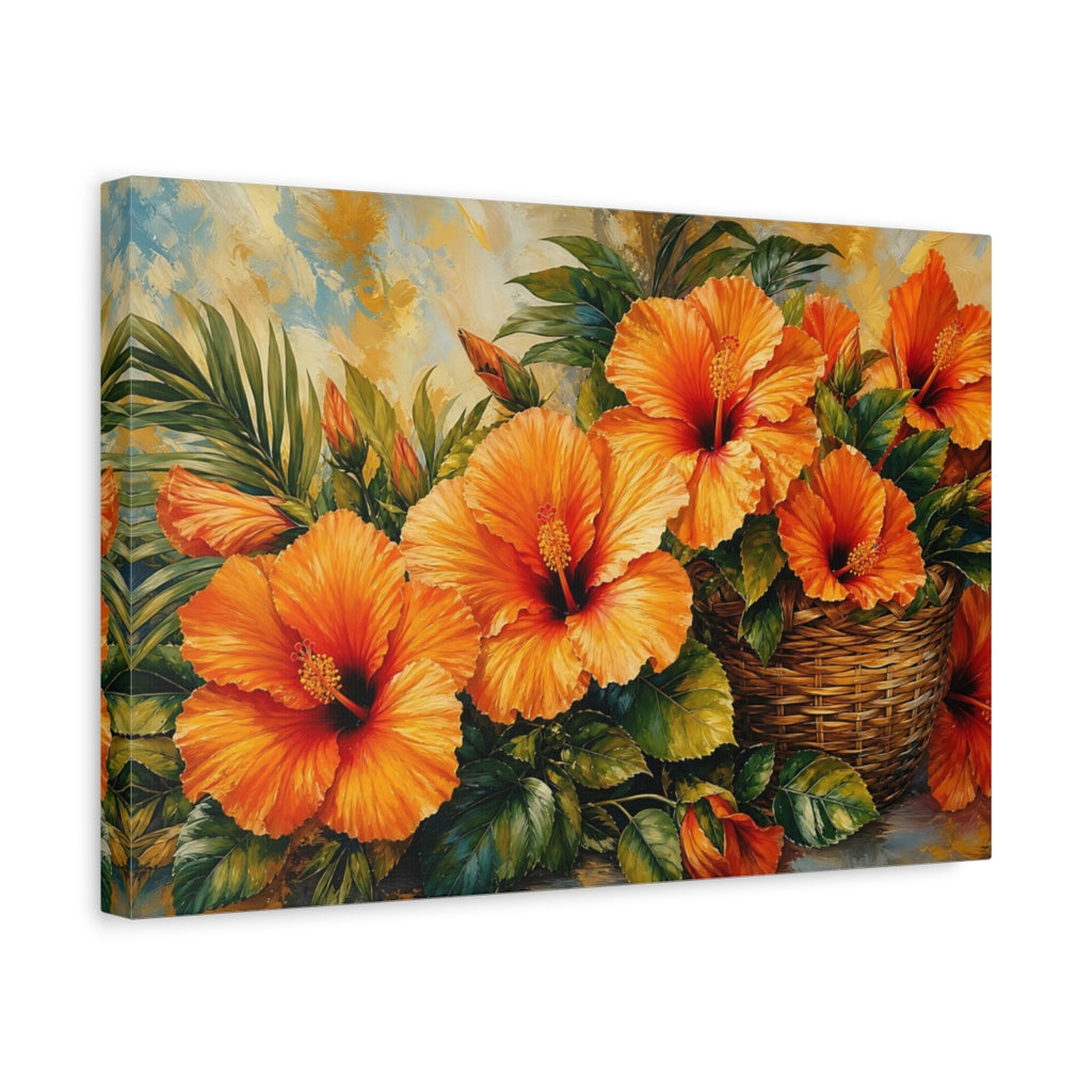 Side Mockup 4. Modern Acrylic Painting Orange Hibiscus With Woven Basket Near Green Leaves shown as stretched canvas wall art