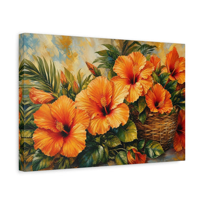 Side Mockup 4. Modern Acrylic Painting Orange Hibiscus With Woven Basket Near Green Leaves shown as stretched canvas wall art