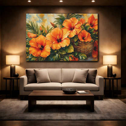 Mockup 2. Modern Acrylic Painting Orange Hibiscus With Woven Basket Near Green Leaves shown as stretched canvas wall art