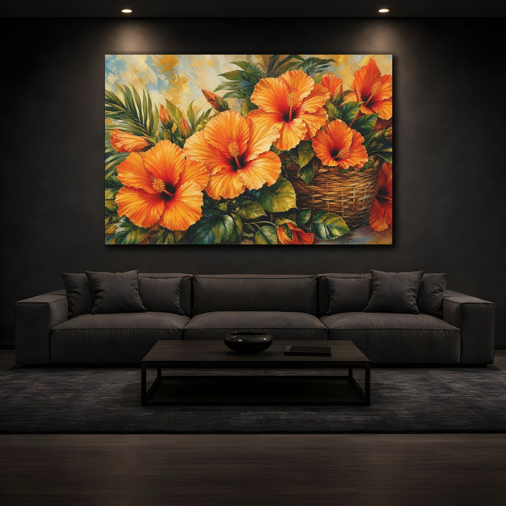 Mockup 3. Modern Acrylic Painting Orange Hibiscus With Woven Basket Near Green Leaves shown as stretched canvas wall art
