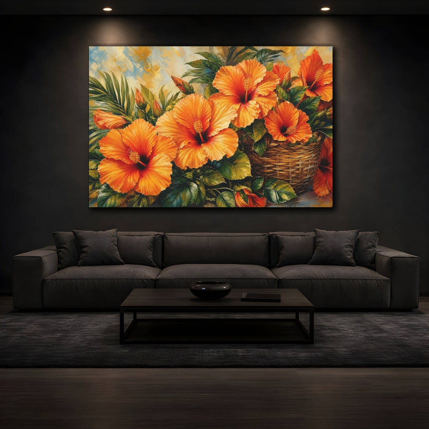 Mockup 3. Modern Acrylic Painting Orange Hibiscus With Woven Basket Near Green Leaves shown as stretched canvas wall art