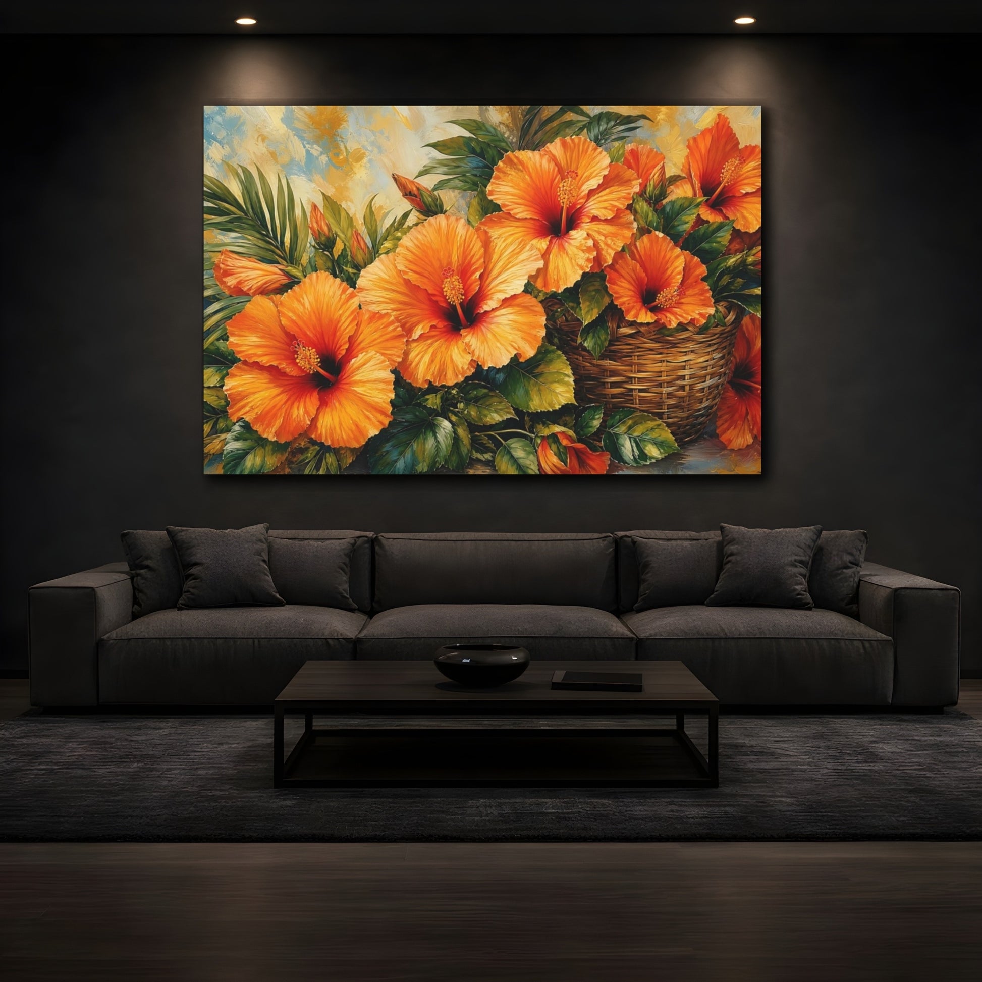 Mockup 3. Modern Acrylic Painting Orange Hibiscus With Woven Basket Near Green Leaves shown as stretched canvas wall art