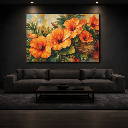 Mockup 3. Modern Acrylic Painting Orange Hibiscus With Woven Basket Near Green Leaves shown as stretched canvas wall art