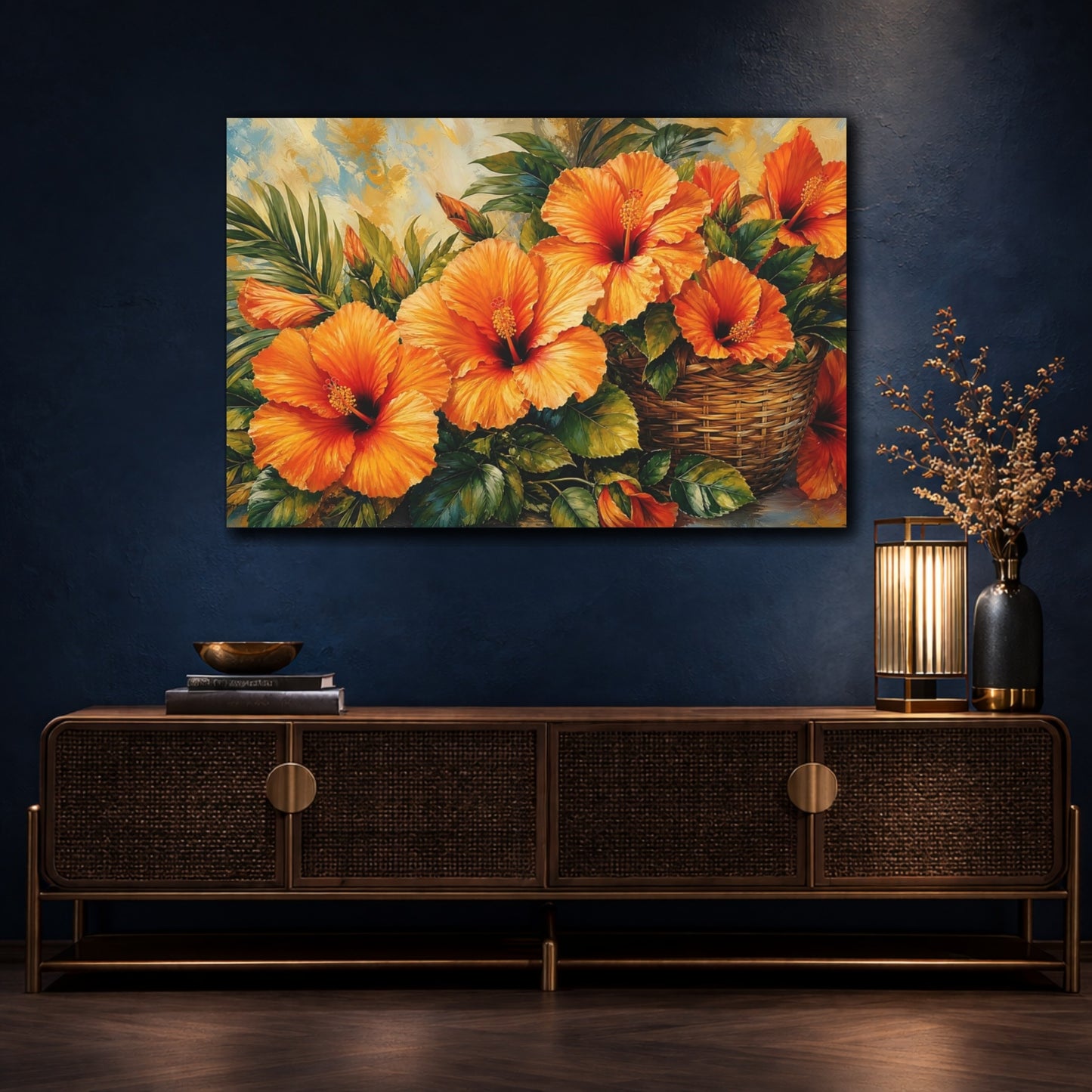 Mockup 4. Modern Acrylic Painting Orange Hibiscus With Woven Basket Near Green Leaves shown as stretched canvas wall art