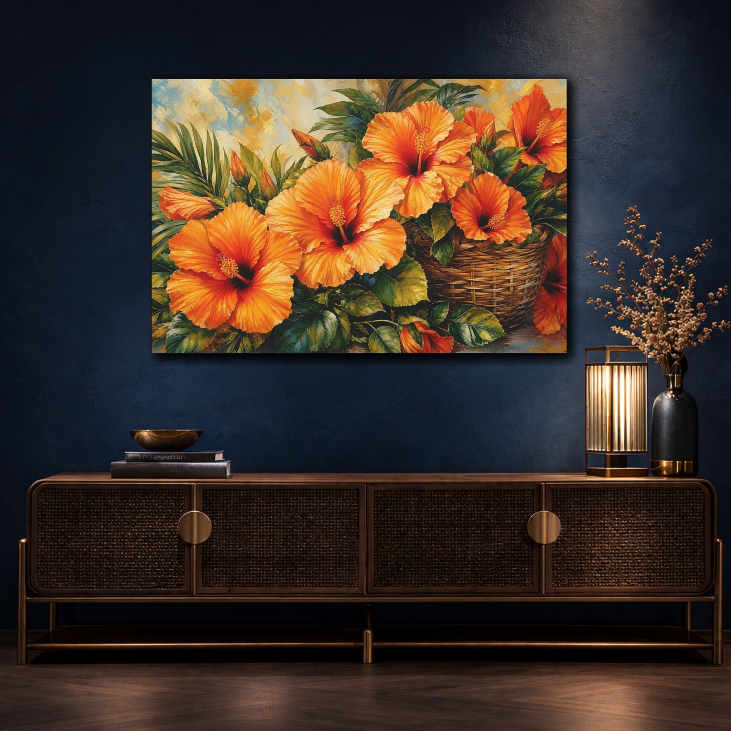 Mockup 4. Modern Acrylic Painting Orange Hibiscus With Woven Basket Near Green Leaves shown as stretched canvas wall art