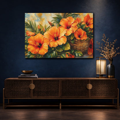 Mockup 4. Modern Acrylic Painting Orange Hibiscus With Woven Basket Near Green Leaves shown as stretched canvas wall art