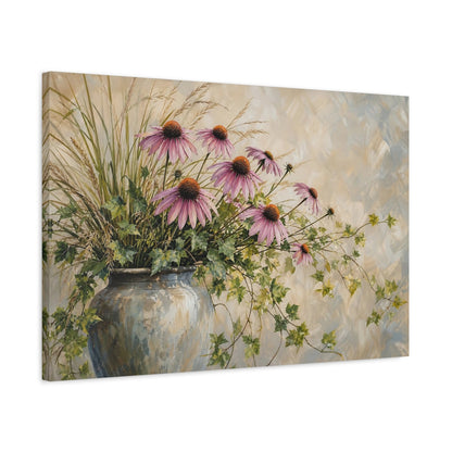 Side Mockup 2. Modern Acrylic Painting Prairie Coneflowers Beside Tall Grass With Trailing Ivy shown as stretched canvas wall art