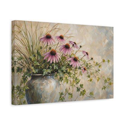 Side Mockup 4. Modern Acrylic Painting Prairie Coneflowers Beside Tall Grass With Trailing Ivy shown as stretched canvas wall art