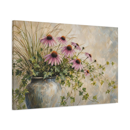 Main Mockup. Modern Acrylic Painting Prairie Coneflowers Beside Tall Grass With Trailing Ivy shown as stretched canvas wall art