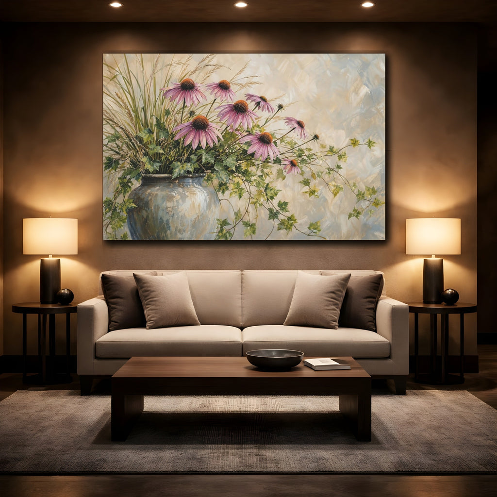 Mockup 2. Modern Acrylic Painting Prairie Coneflowers Beside Tall Grass With Trailing Ivy shown as stretched canvas wall art