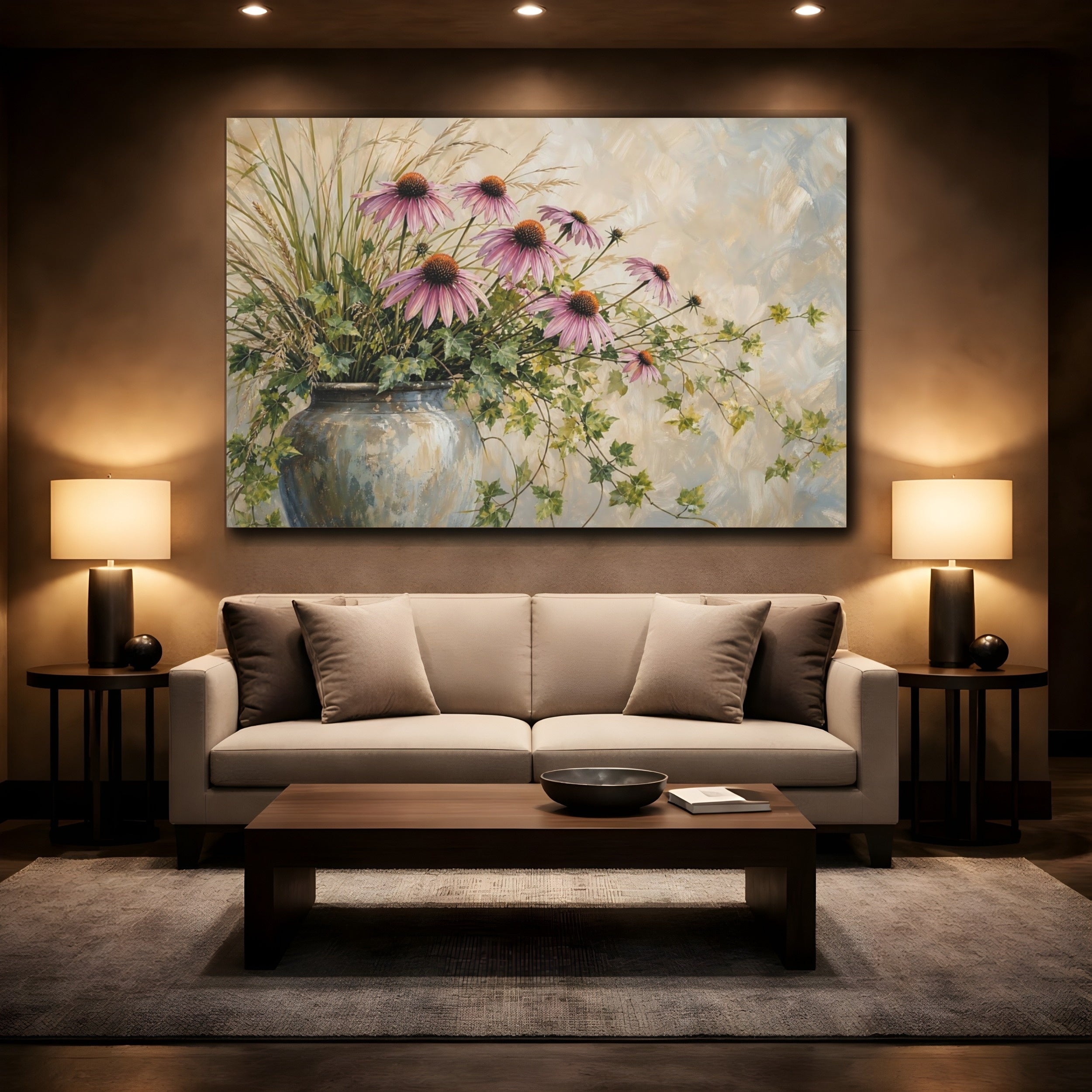Mockup 2. Modern Acrylic Painting Prairie Coneflowers Beside Tall Grass With Trailing Ivy shown as stretched canvas wall art