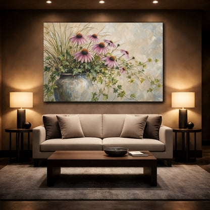 Mockup 2. Modern Acrylic Painting Prairie Coneflowers Beside Tall Grass With Trailing Ivy shown as stretched canvas wall art