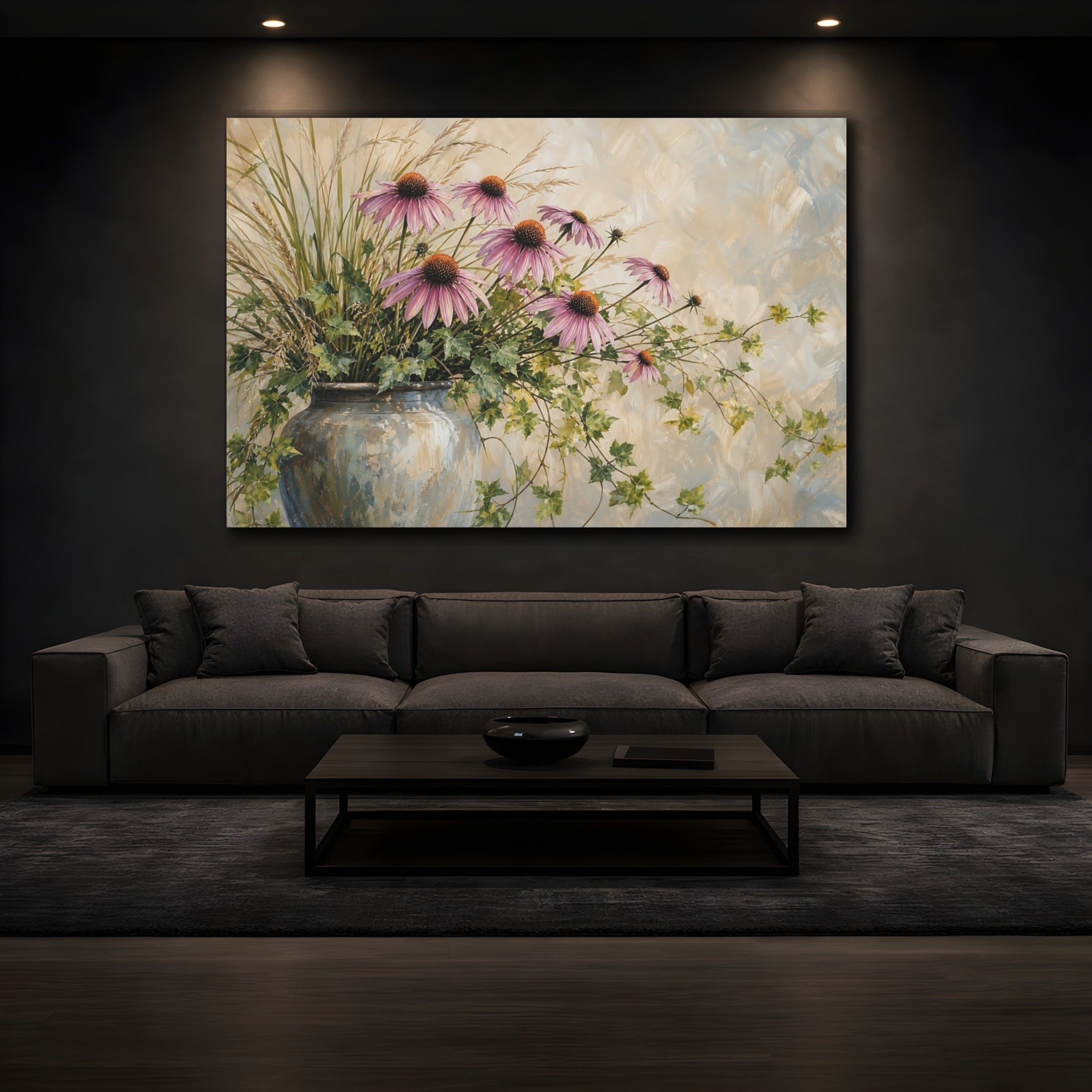 Mockup 3. Modern Acrylic Painting Prairie Coneflowers Beside Tall Grass With Trailing Ivy shown as stretched canvas wall art