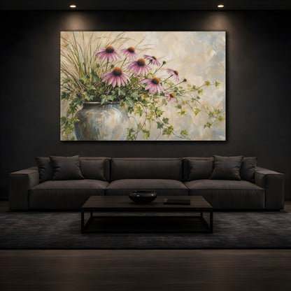 Mockup 3. Modern Acrylic Painting Prairie Coneflowers Beside Tall Grass With Trailing Ivy shown as stretched canvas wall art