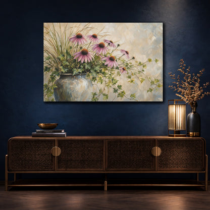Mockup 4. Modern Acrylic Painting Prairie Coneflowers Beside Tall Grass With Trailing Ivy shown as stretched canvas wall art