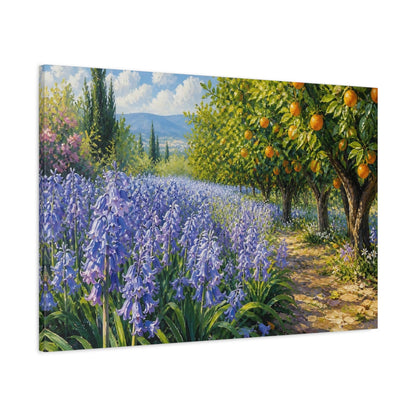Main Mockup. Modern Acrylic Painting Row Of Lilac Bluebells Beside Citrus Grove shown as stretched canvas wall art