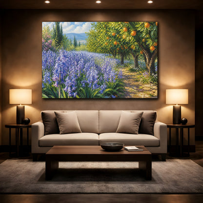 Mockup 2. Modern Acrylic Painting Row Of Lilac Bluebells Beside Citrus Grove shown as stretched canvas wall art