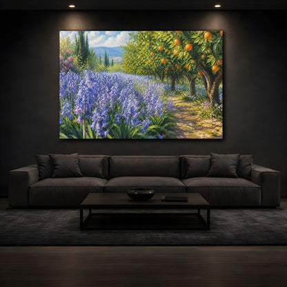 Mockup 3. Modern Acrylic Painting Row Of Lilac Bluebells Beside Citrus Grove shown as stretched canvas wall art
