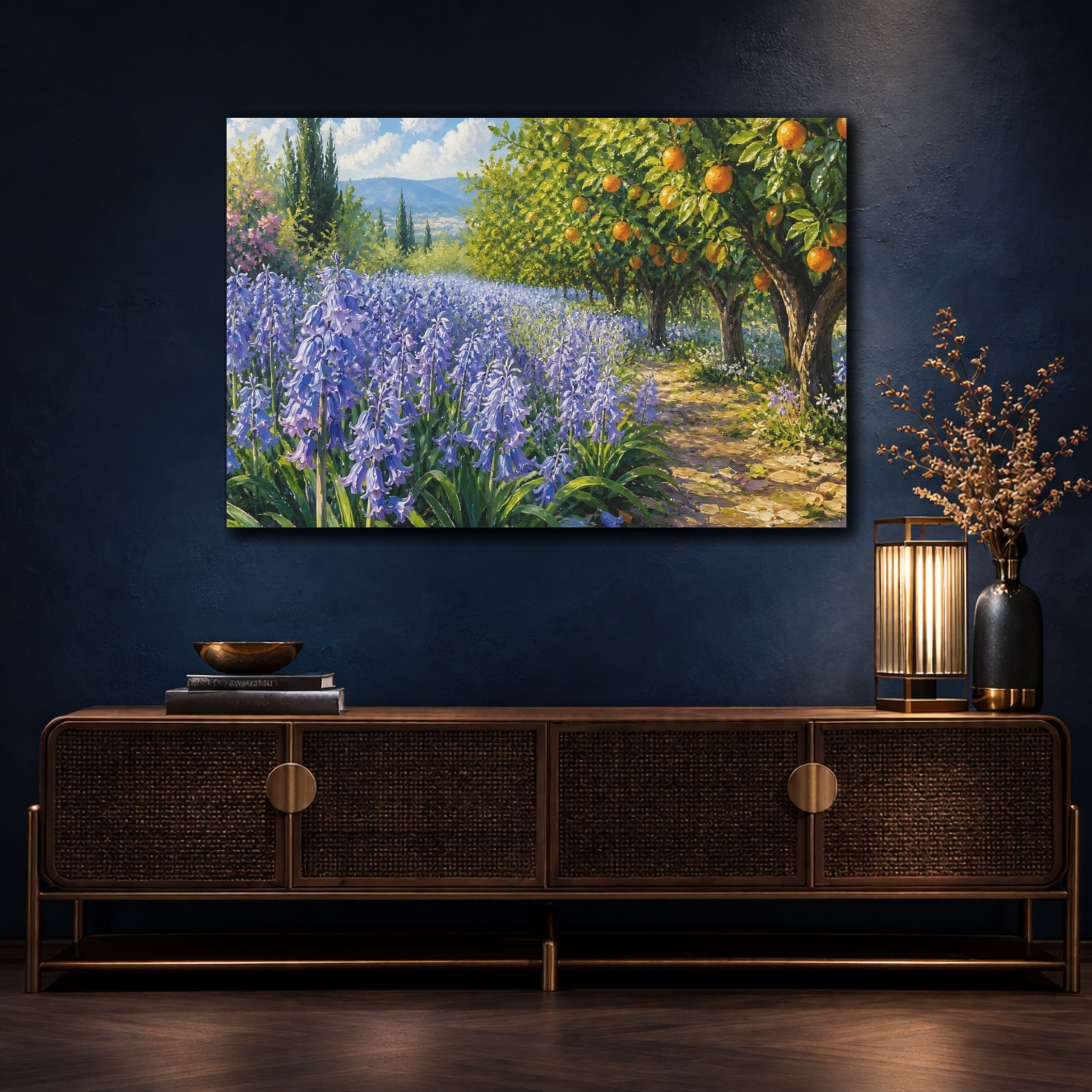 Mockup 4. Modern Acrylic Painting Row Of Lilac Bluebells Beside Citrus Grove shown as stretched canvas wall art