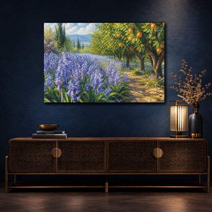 Mockup 4. Modern Acrylic Painting Row Of Lilac Bluebells Beside Citrus Grove shown as stretched canvas wall art