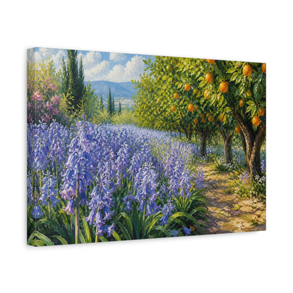 Side Mockup 4. Modern Acrylic Painting Row Of Lilac Bluebells Beside Citrus Grove shown as stretched canvas wall art