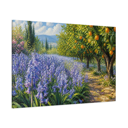 Side Mockup 1. Modern Acrylic Painting Row Of Lilac Bluebells Beside Citrus Grove shown as stretched canvas wall art