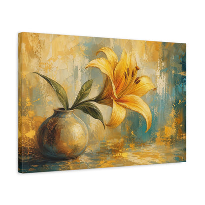 Side Mockup 3. Modern Acrylic Painting Single Golden Lily In Morning Light shown as stretched canvas wall art