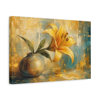 Side Mockup 4. Modern Acrylic Painting Single Golden Lily In Morning Light shown as stretched canvas wall art