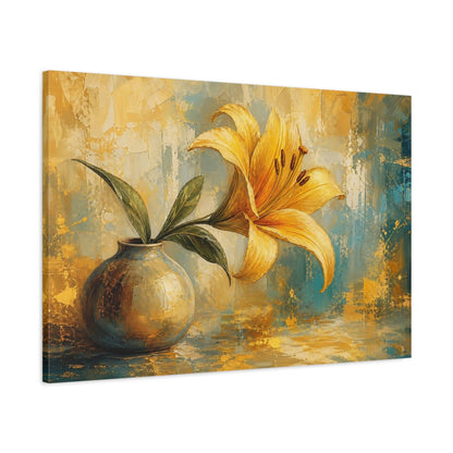 Main Mockup. Modern Acrylic Painting Single Golden Lily In Morning Light shown as stretched canvas wall art