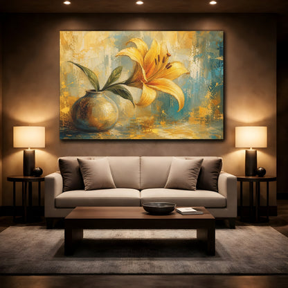 Mockup 2. Modern Acrylic Painting Single Golden Lily In Morning Light shown as stretched canvas wall art