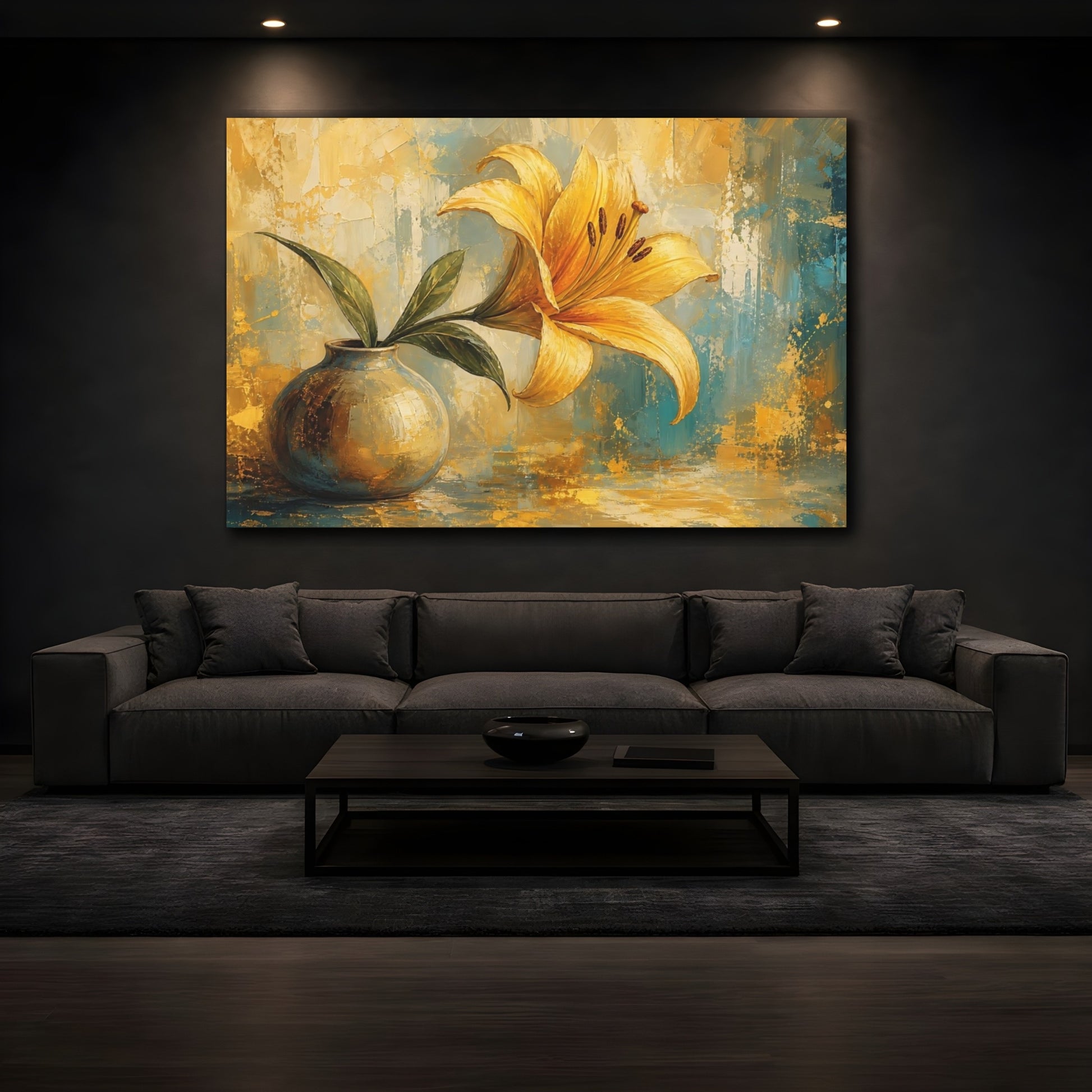 Mockup 3. Modern Acrylic Painting Single Golden Lily In Morning Light shown as stretched canvas wall art