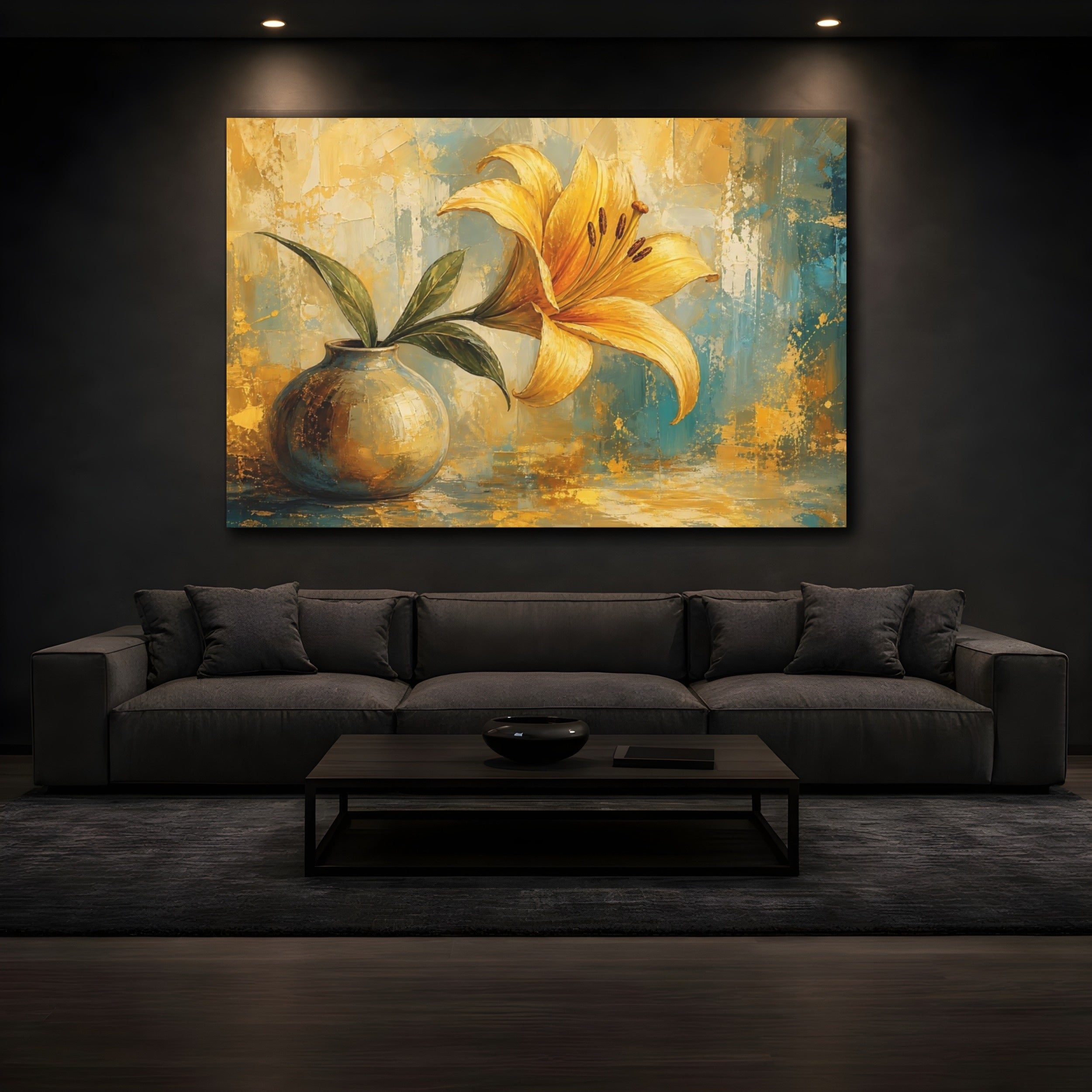 Mockup 3. Modern Acrylic Painting Single Golden Lily In Morning Light shown as stretched canvas wall art