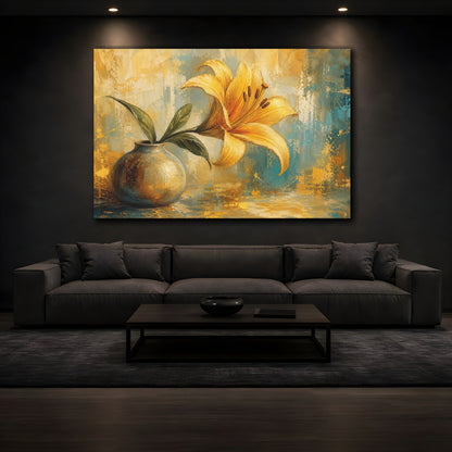 Mockup 3. Modern Acrylic Painting Single Golden Lily In Morning Light shown as stretched canvas wall art