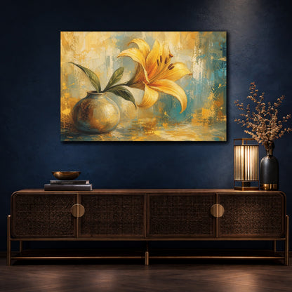 Mockup 4. Modern Acrylic Painting Single Golden Lily In Morning Light shown as stretched canvas wall art