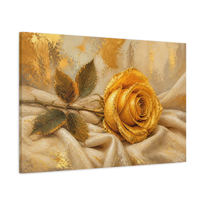 Main Mockup. Modern Acrylic Painting Single Golden Rose Against Linen Cloth shown as stretched canvas wall art