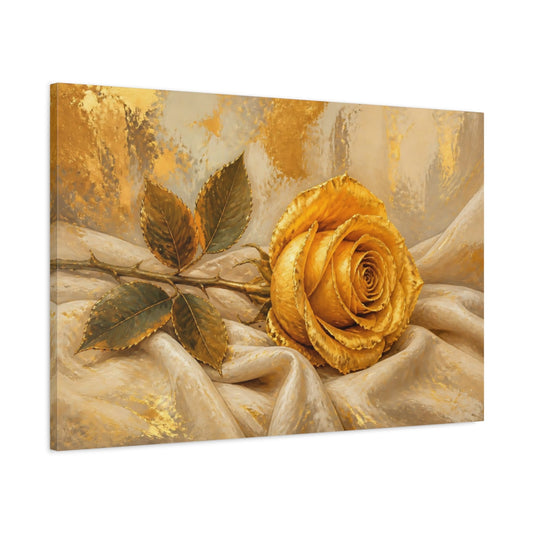 Main Mockup. Modern Acrylic Painting Single Golden Rose Against Linen Cloth shown as stretched canvas wall art