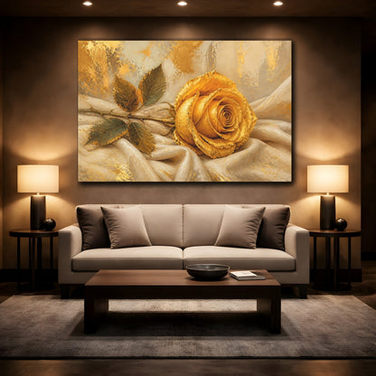 Mockup 2. Modern Acrylic Painting Single Golden Rose Against Linen Cloth shown as stretched canvas wall art