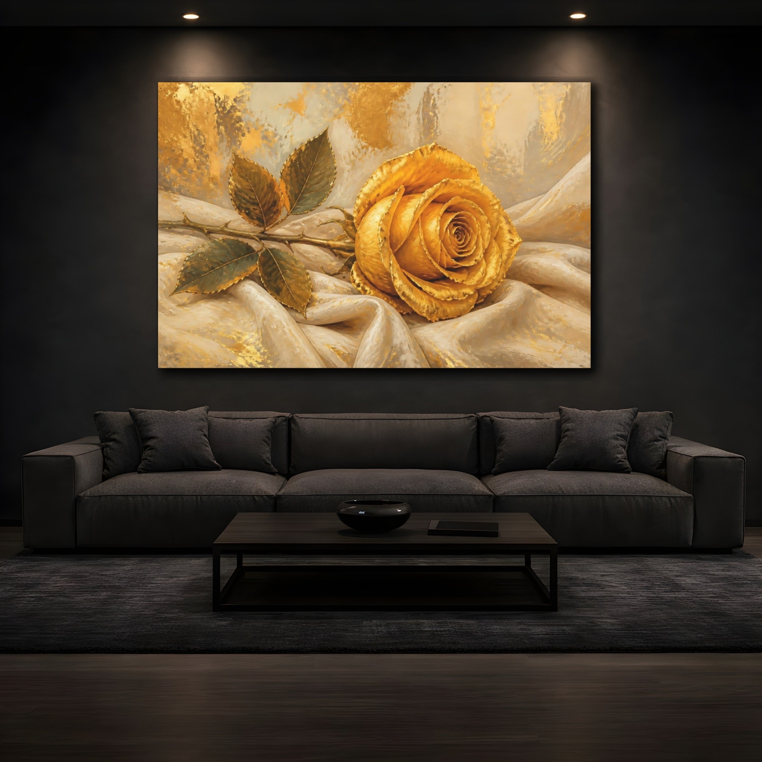Mockup 3. Modern Acrylic Painting Single Golden Rose Against Linen Cloth shown as stretched canvas wall art
